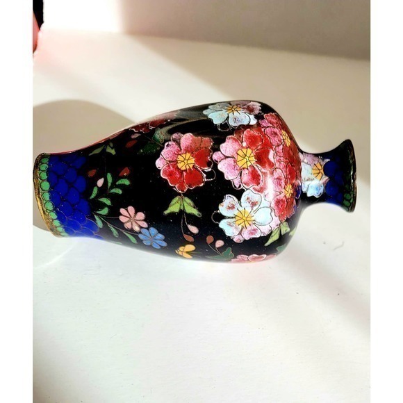 HP‎ Antique Chinese Blue Pink Floral Chrysanthemums Butterflies Cloisonné Vase - Picture 8 of 10